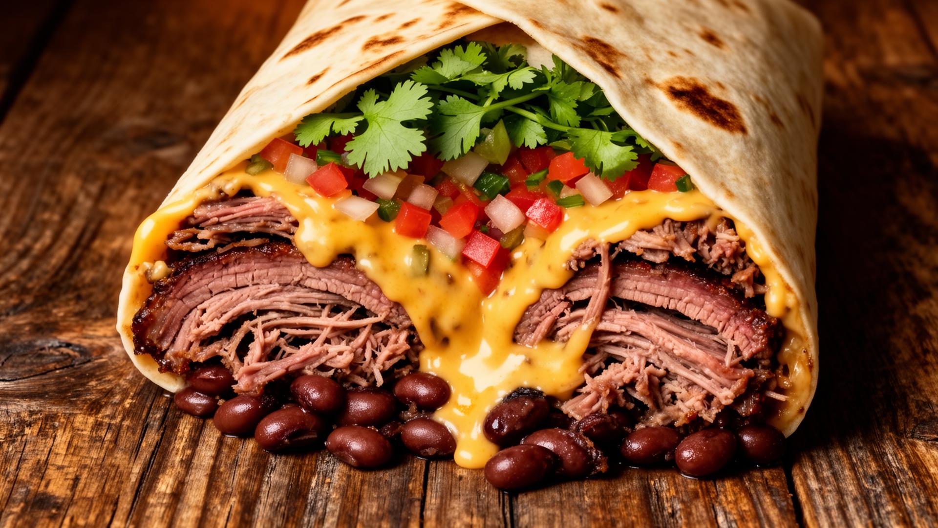 Loaded Texas brisket burrito with queso and cilantro